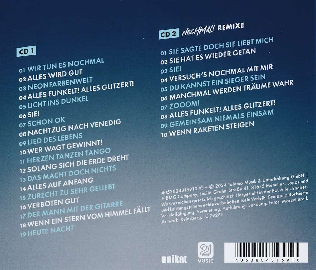 Track-Liste - Liste der Lieder Thomas Anders & Florian Silbereisen CD “Nochmal!”